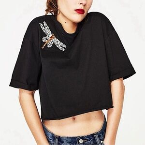 Oversized Zara Trafaluc Black Dragonfly Cropped Top